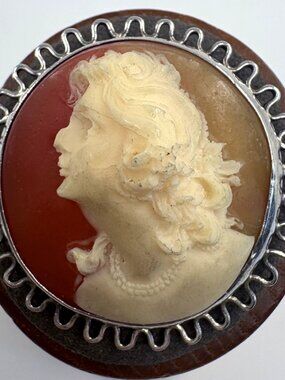 VTG Sterling Silver 925 Carved Lady Shell Cameo Brooch Size 1.5" Length